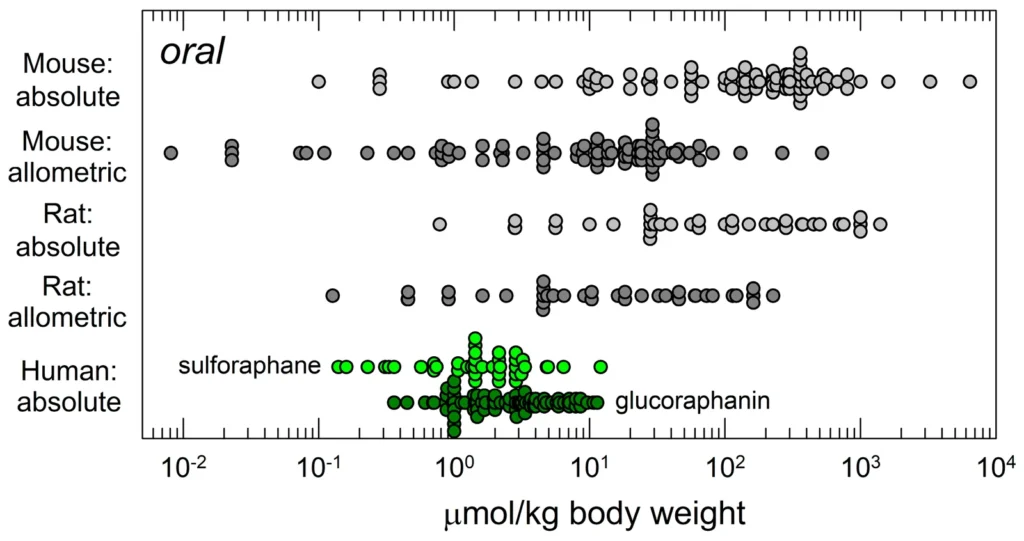 Nuage de points des doses orales de sulforaphane en micromoles par kilo : chez la souris et le rat, de 0,01 à plus de 1 000 après conversion, chez l'humain regroupées entre 0,1 et 10