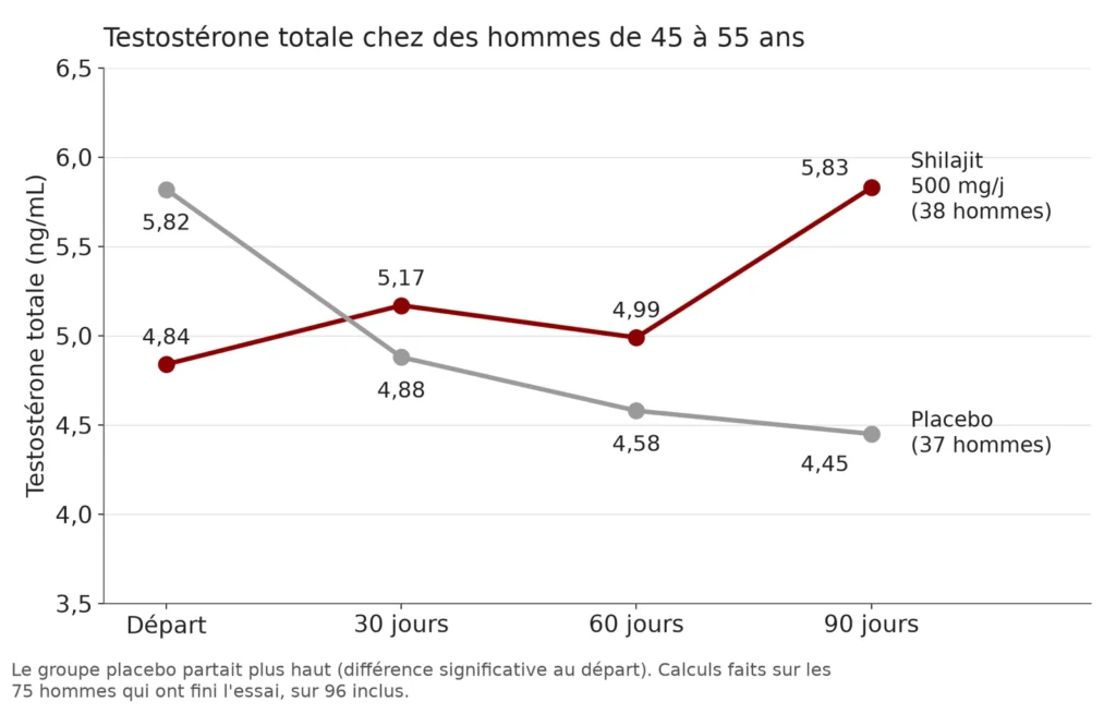 Graphique en courbes : sous shilajit, la testostérone passe de 4,84 à 5,17, 4,99 puis 5,83 ng/mL ; sous placebo, elle descend de 5,82 à 4,88, 4,58 puis 4,45 ng/mL en 90 jours