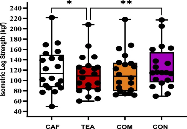Diagramme en boîtes de la force isométrique des jambes de 20 sportifs : plus basse sous théanine (TEA) que sous caféine (CAF) et que sous placebo (CON), le mélange (COM) se situant entre les deux