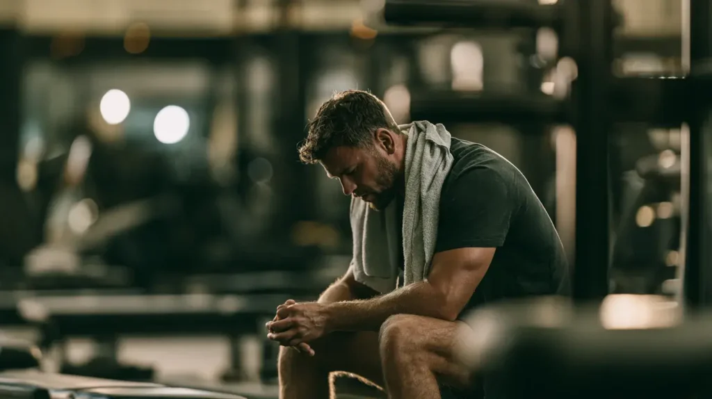 un homme est assis sur un banc de musculation, il fait du stress oxydatif