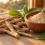 Racines séchées d'ashwagandha et poudre beige dans un bol en terre cuite, avec des feuilles de la plante